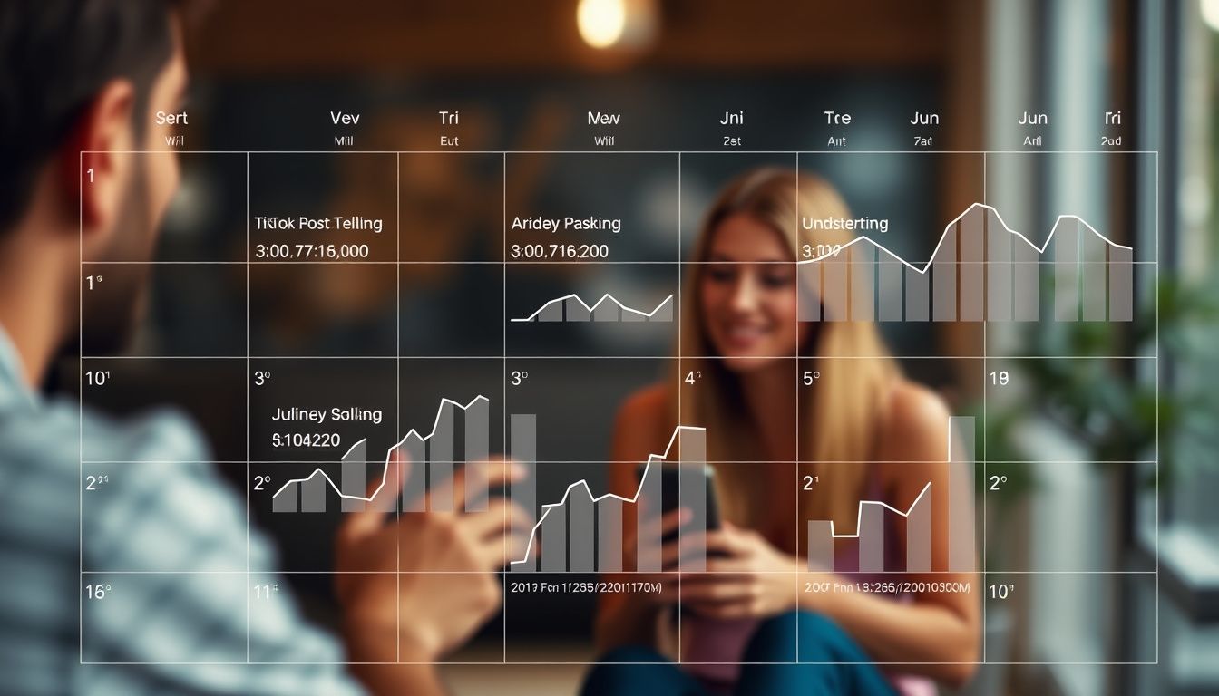 a calendar view with TikTok post times highlighted, overlaid with engagement rate graphs for different time slots