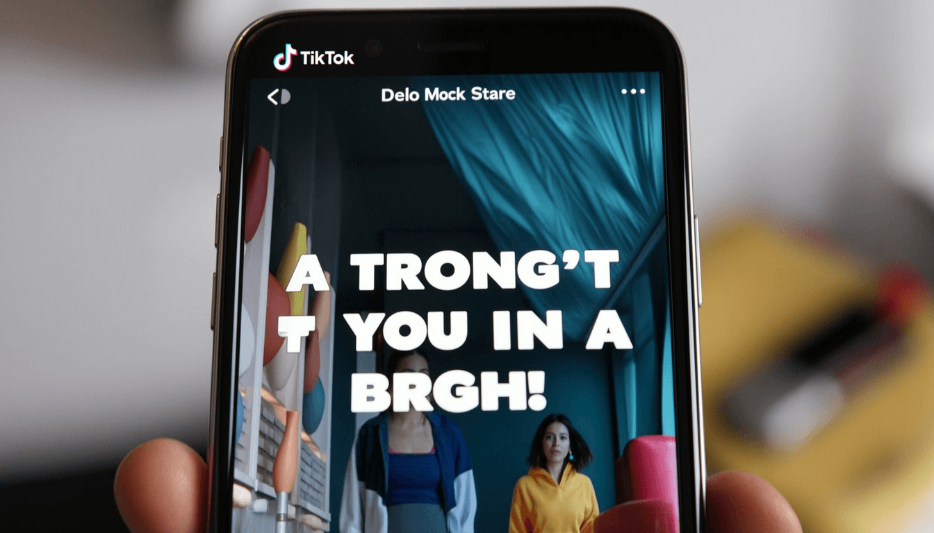 a close-up of a smartphone with a TikTok ad frozen on the first frame showing a strong text hook