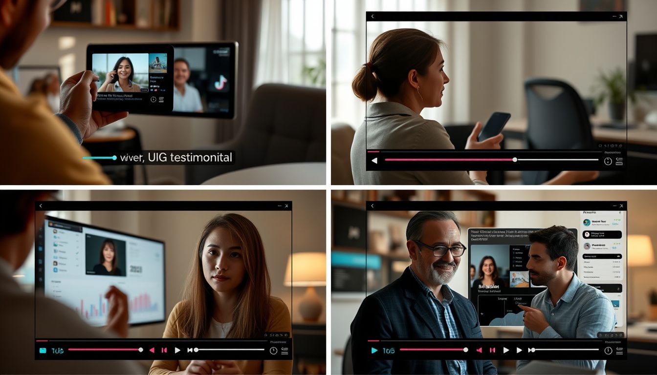 a collage of four TikTok video thumbnails showing different formats—screen recording, UGC testimonial, before/after, and founder behind-the-scenes