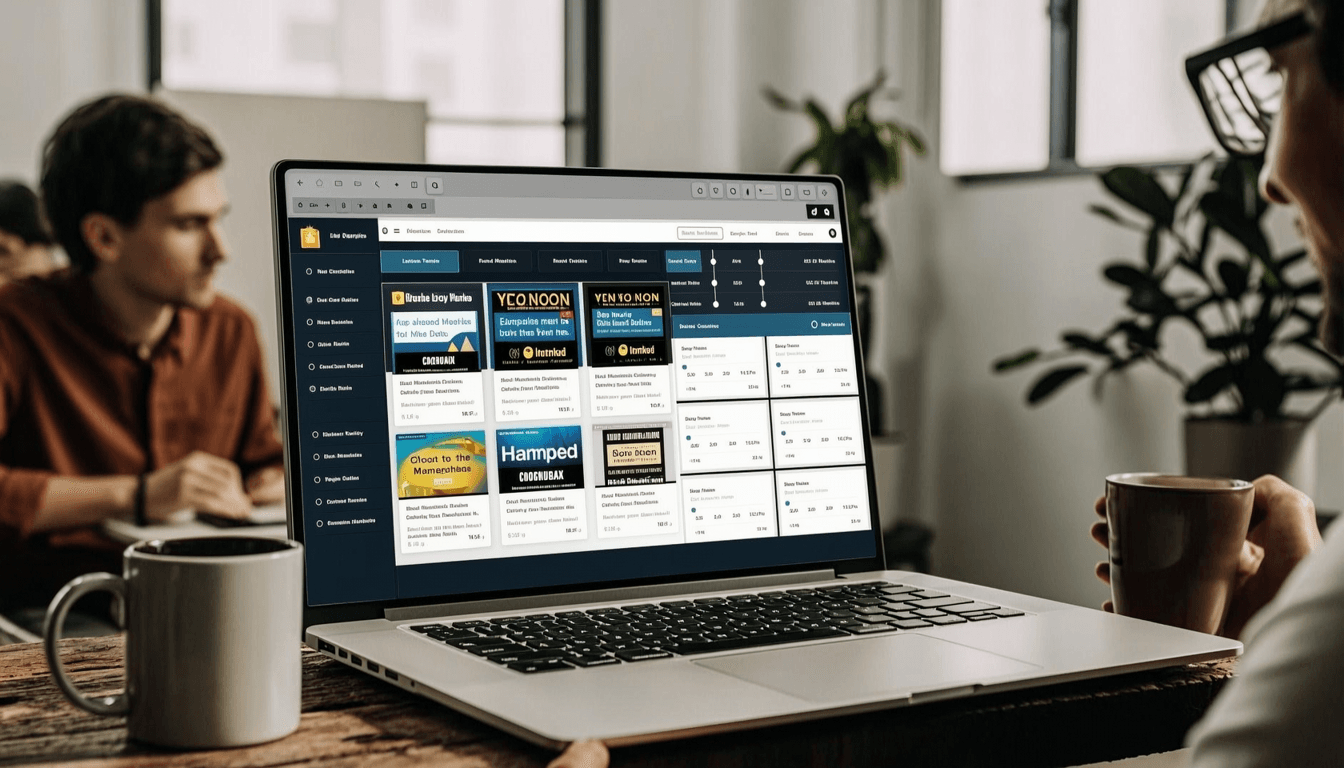 a dashboard showing multiple ad variants running side by side with performance metrics