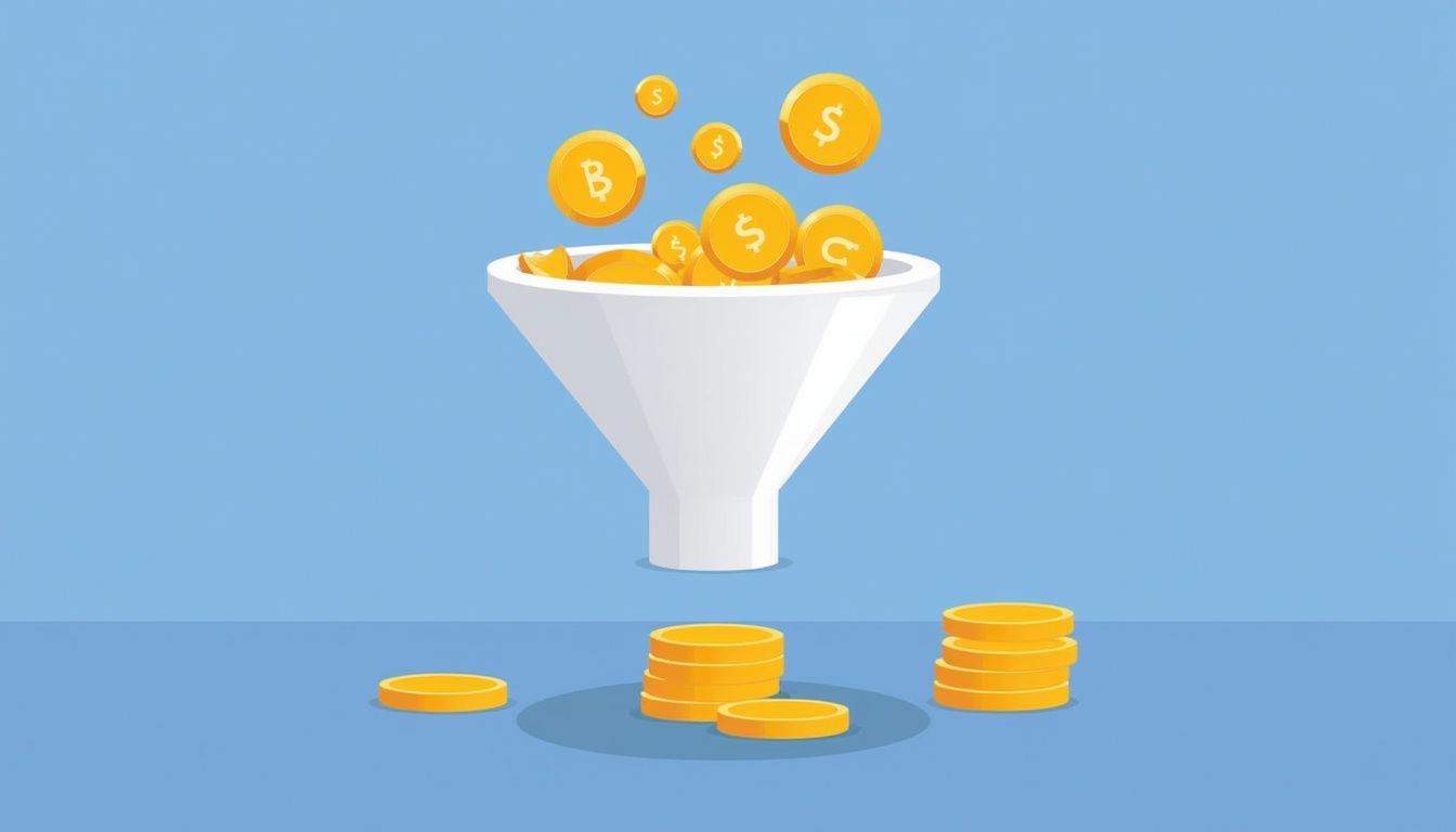 a graphic representing a funnel, with small coins at the top, creative variations entering the middle, and a few larger coins exiting at the bottom, symbolizing testing and scaling