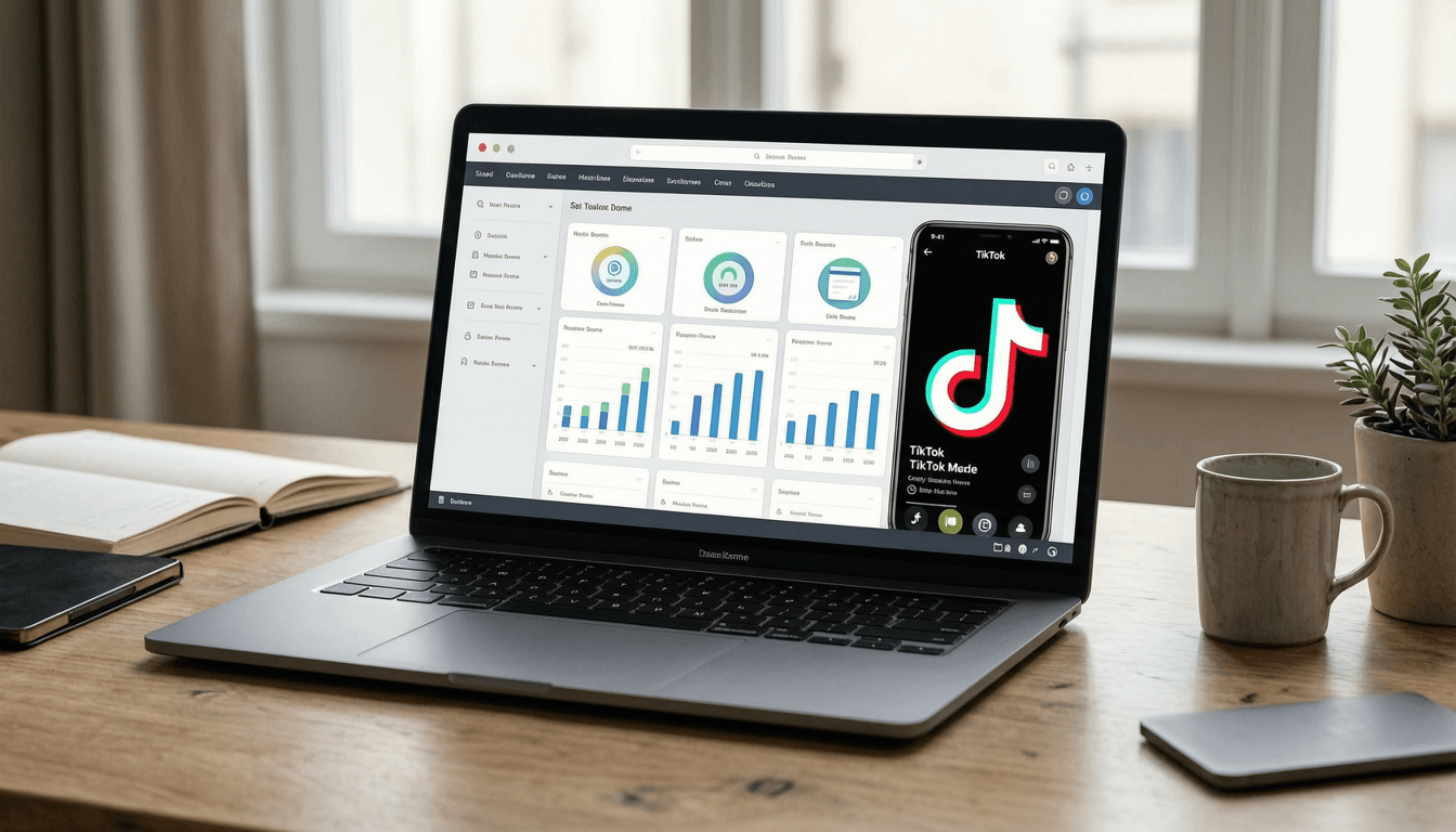 a laptop screen showing a SaaS dashboard with a TikTok ad playing in picture-in-picture