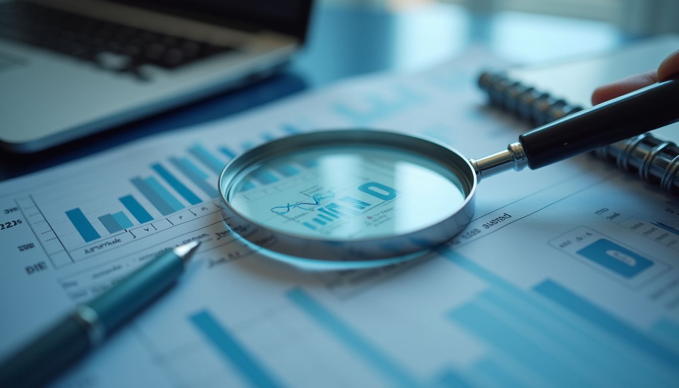 a magnifying glass hovering over product details, with charts and numerical data faintly visible, representing research and analysis
