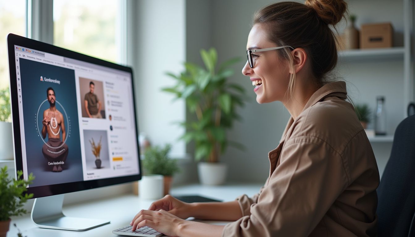 a motivated beginner dropshipper sitting at a clean desk, looking at a monitor displaying AI-generated video ads and a checklist, with a confident expression