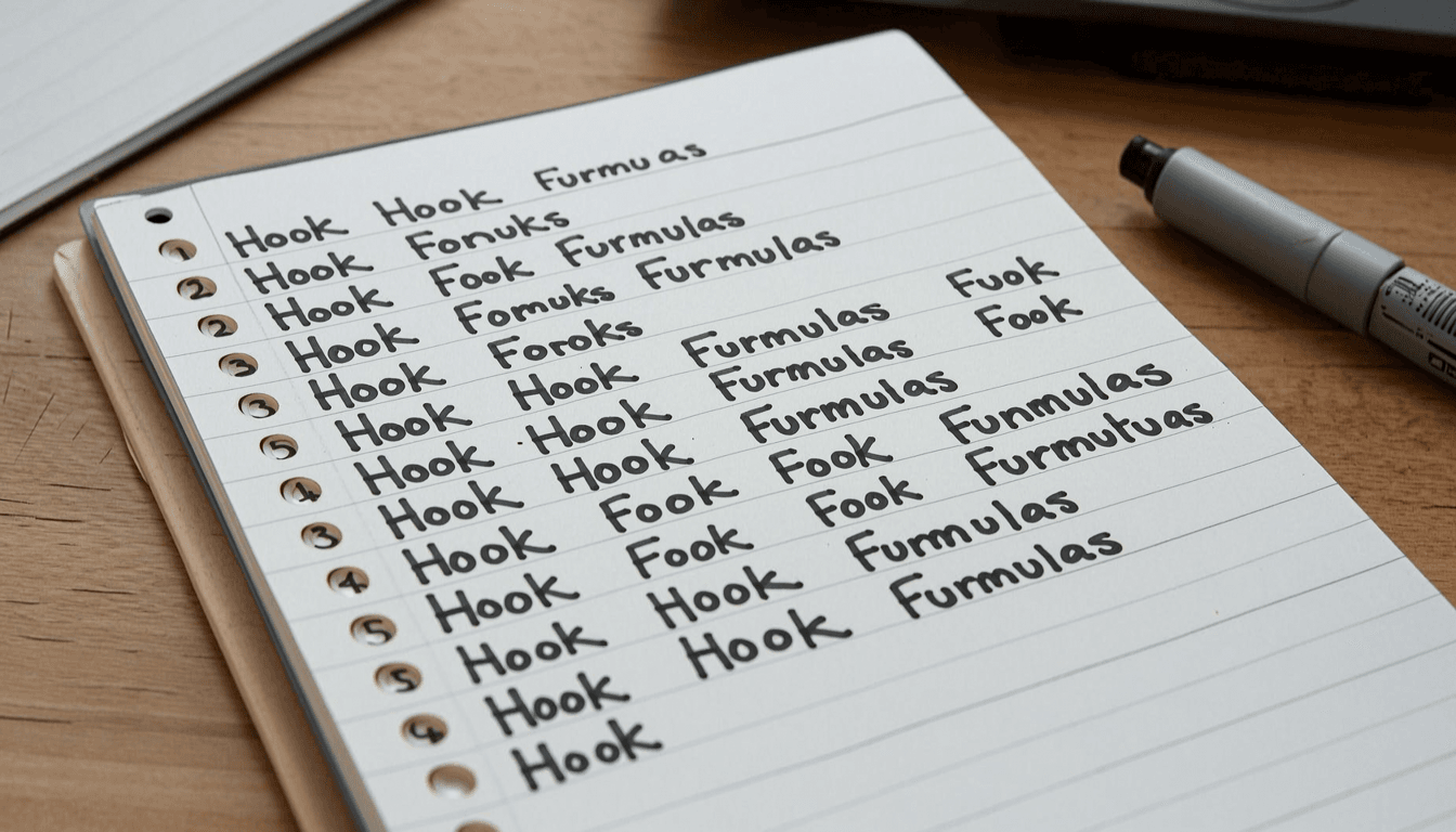 a notepad with a list of hook formulas written out in marker
