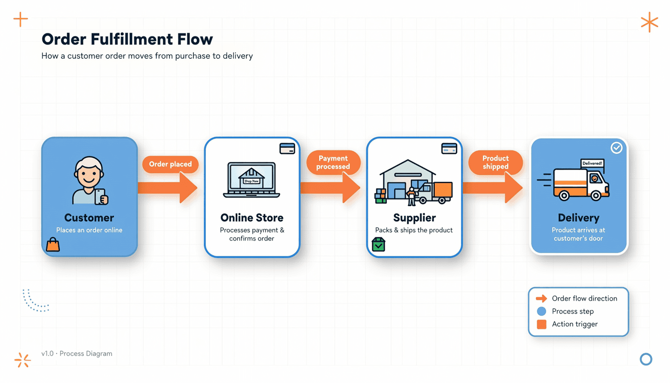 a simple cartoon flow showing customer, online store, supplier, and delivery arrows