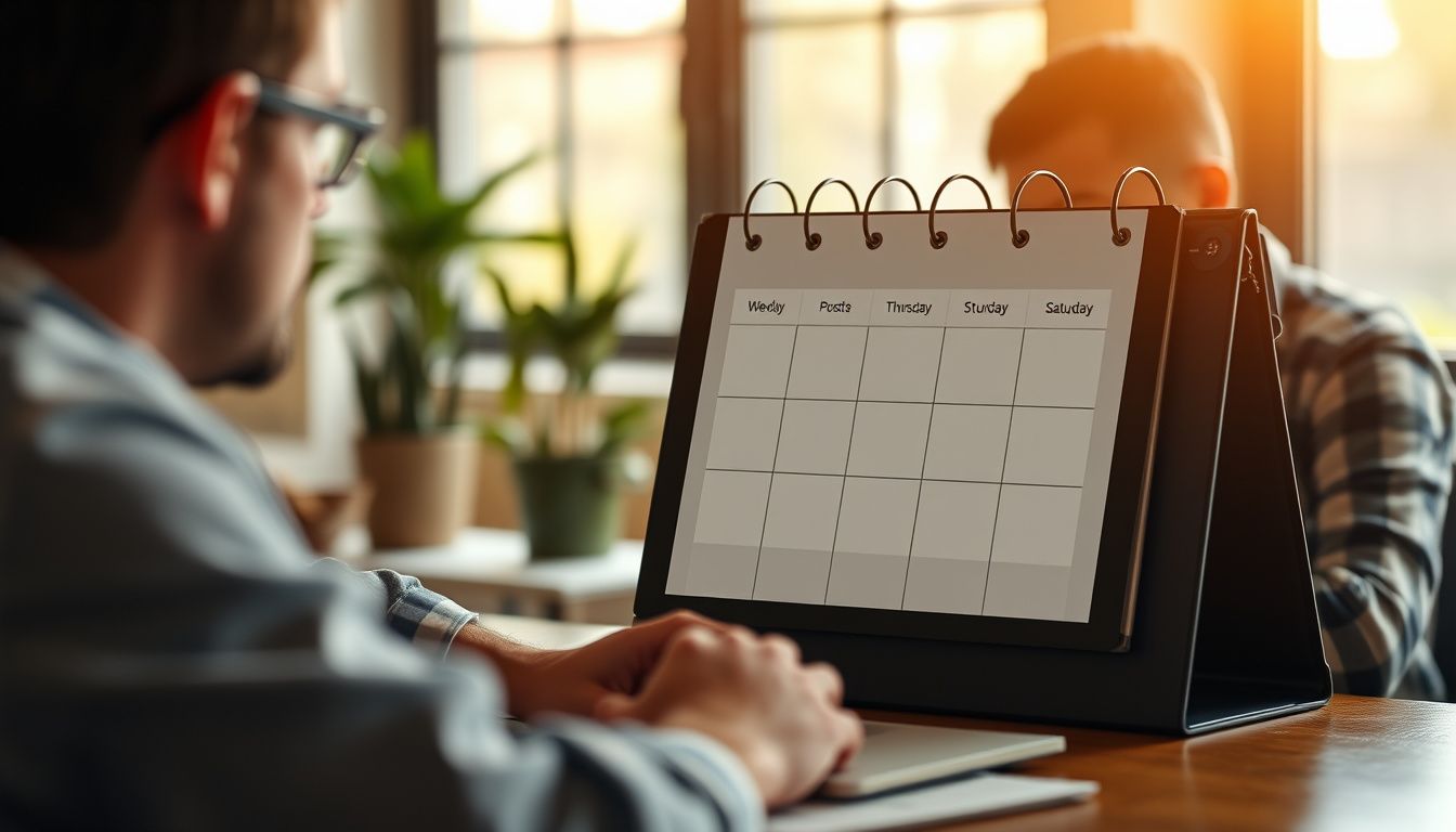 a simple weekly posting calendar with checkboxes showing 3 video posts scheduled for Tuesday, Thursday, and Saturday