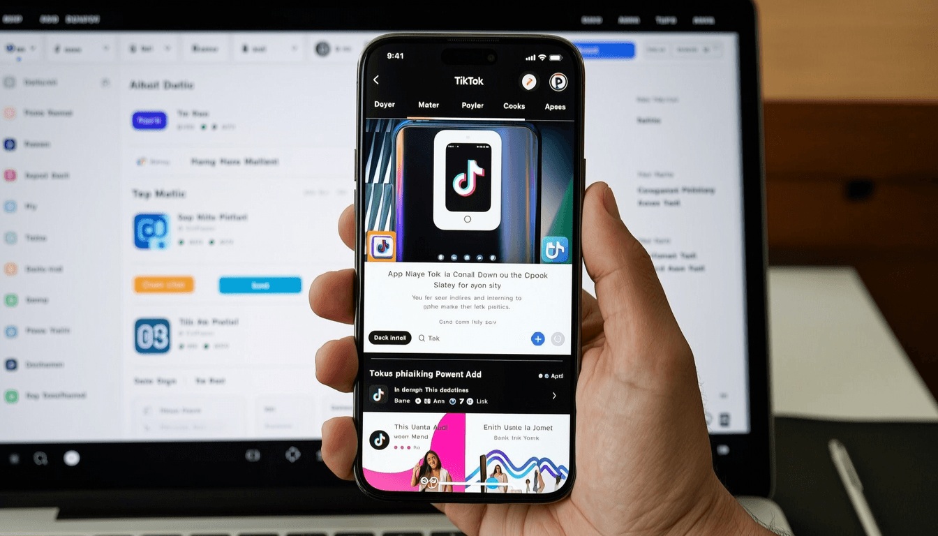 a smartphone screen showing a TikTok feed with app install ads, analytics dashboard in the background