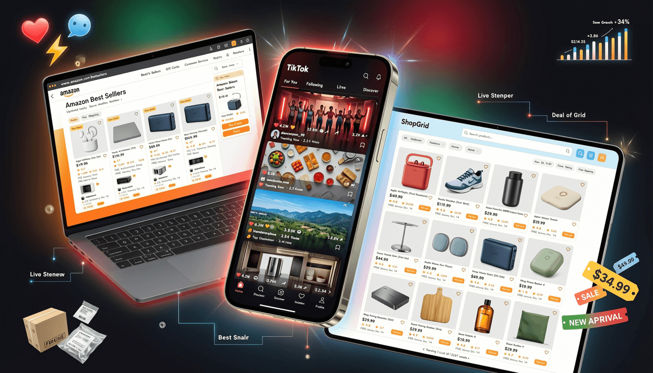 a smartphone showing TikTok, a laptop showing an Amazon bestsellers list, and another screen showing a grid of e-commerce products, all in a dynamic collage