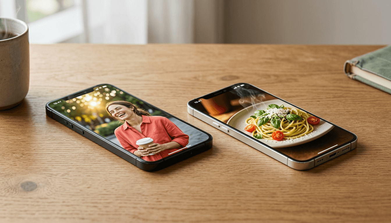 a split-screen of two phones showing different B2C app ad hooks playing side by side