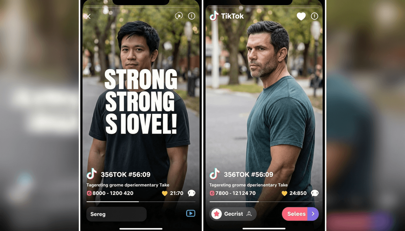 a split-screen TikTok video showing a strong text hook overlay on the first frame, with engagement metrics visible