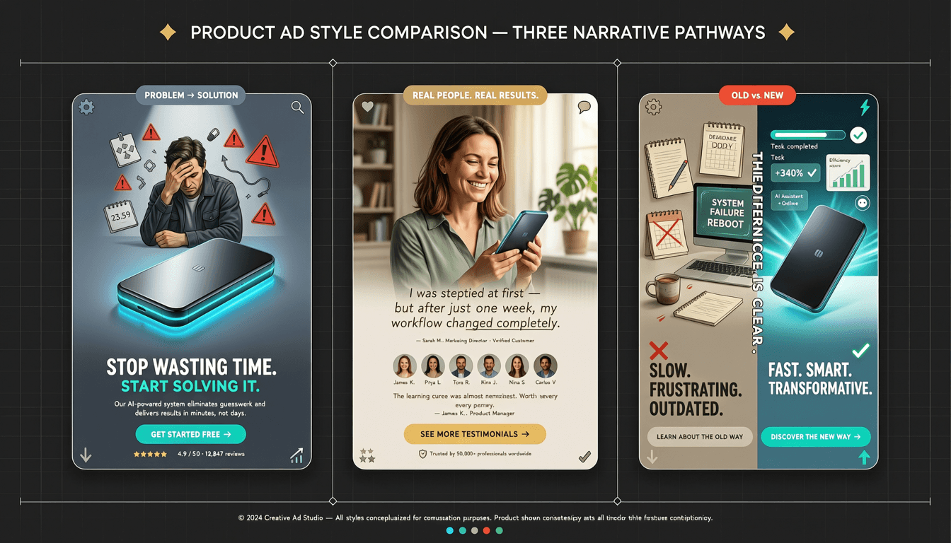 a storyboard showing a product in different AI-generated ad styles: one with a problem/solution focus, another as a user testimonial, and a third comparing it to an older method