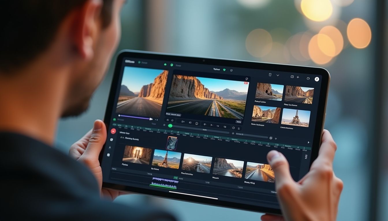 a user interacting with a sleek AI video editor interface on a tablet, with various video clips and effects visible, showcasing ease of use for dropshipping ads