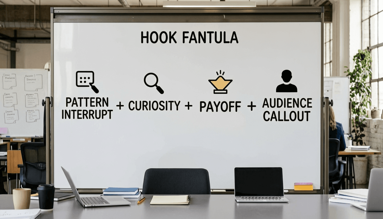 a whiteboard with the hook formula written out: pattern interrupt plus curiosity plus payoff plus audience callout