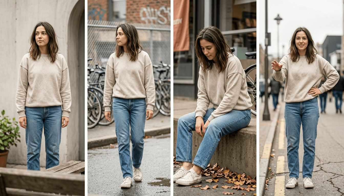 four-panel storyboard generated by ai showing the same character in different poses