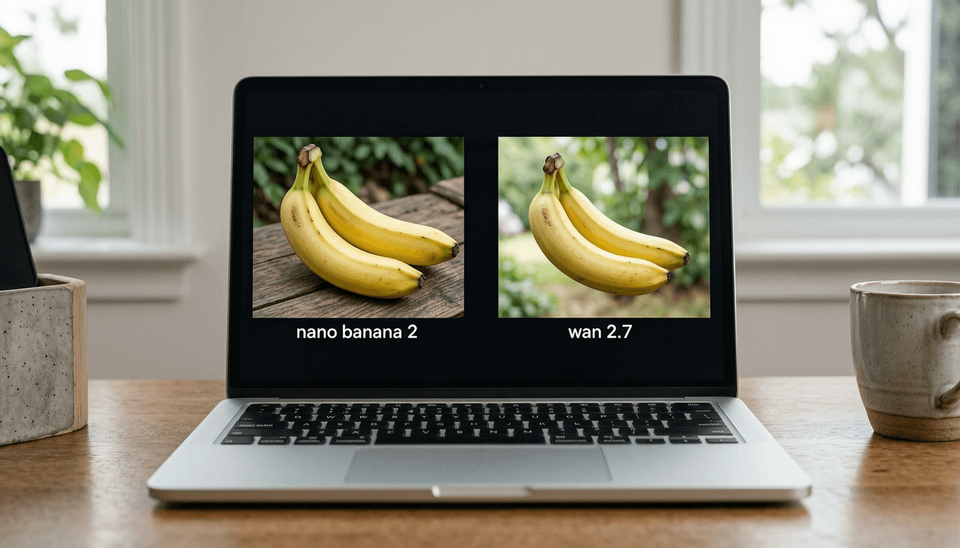 side-by-side comparison of nano banana 2 and wan 2.7 generated images on a laptop screen